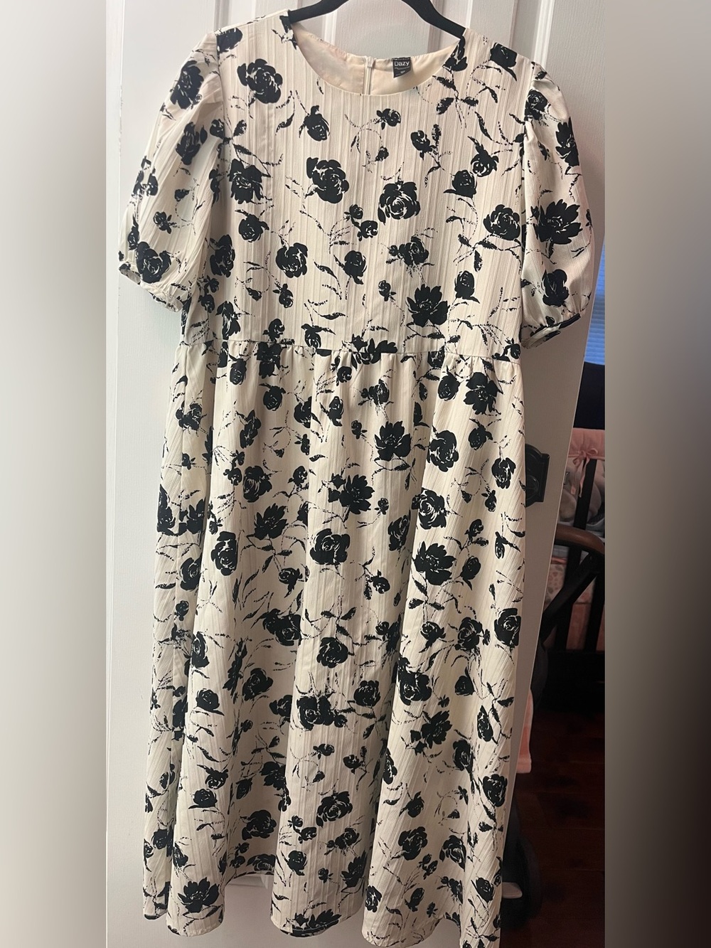 Cream Floral Midi Dress with Puff Sleeves
